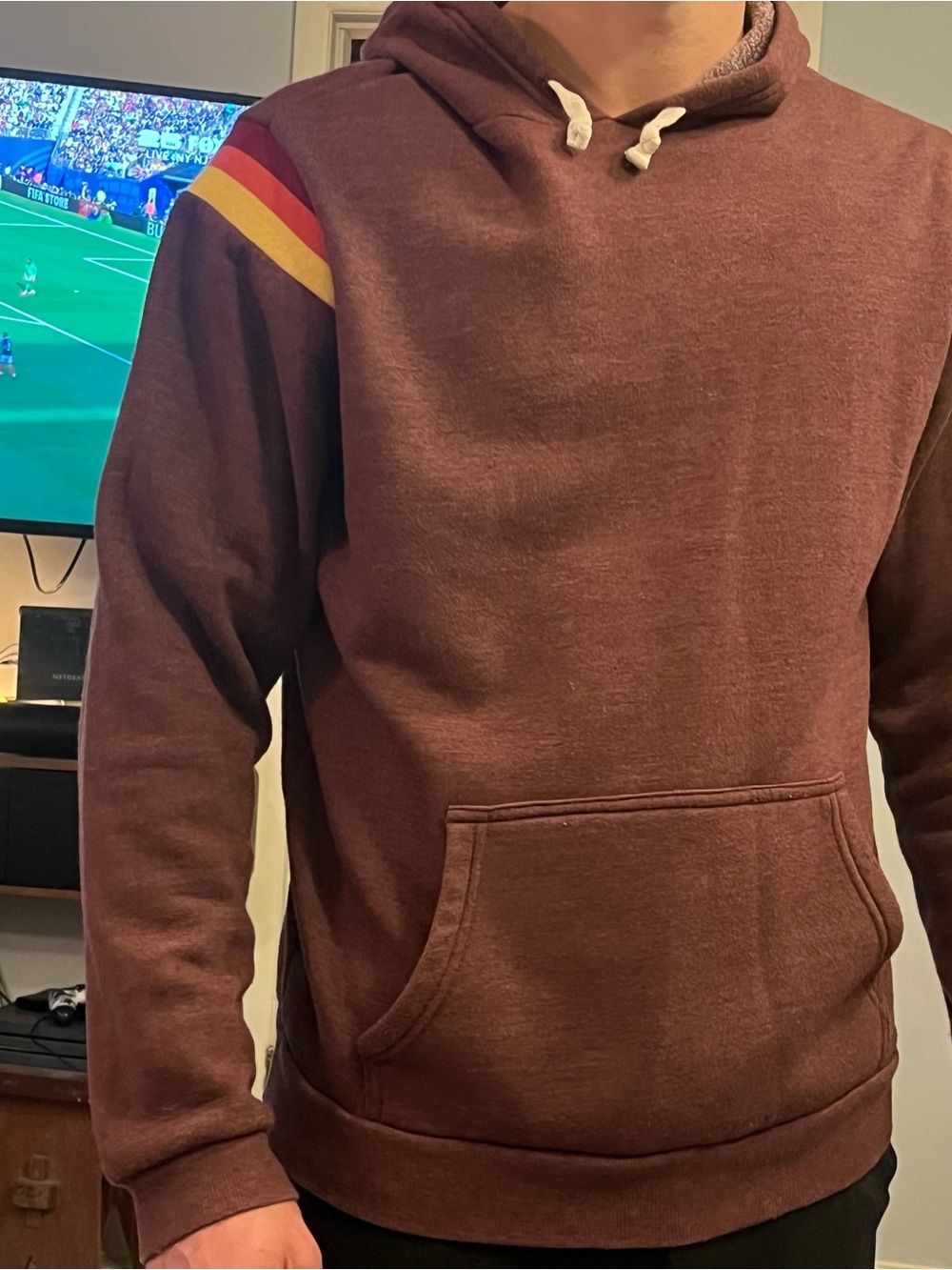Marine Layer Brown/Maroon Hooded Sweatshirt with Red and Yellow Shoulder Stripes